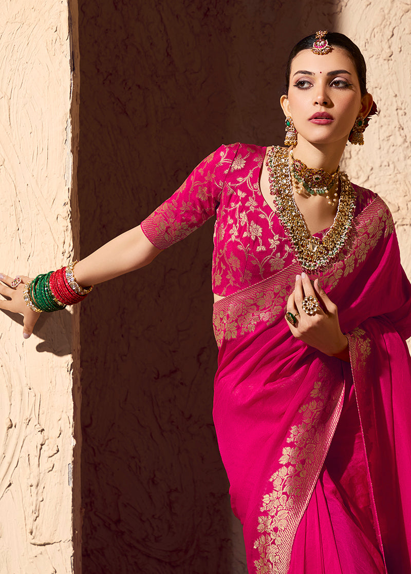 Rani Pink Crepe Georgette Saree with Zari Weaving Details