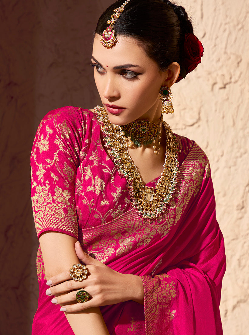 Rani Pink Crepe Georgette Saree with Zari Weaving Details
