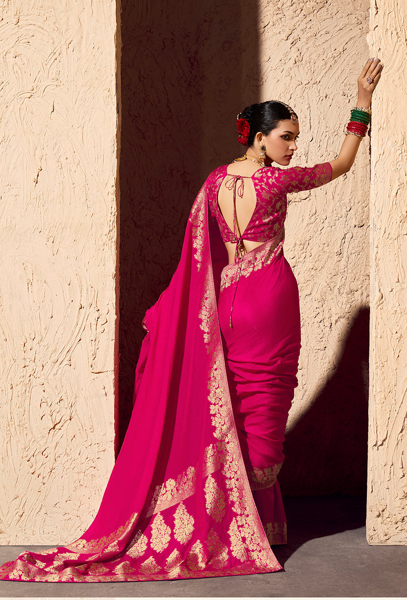 Rani Pink Crepe Georgette Saree with Zari Weaving Details