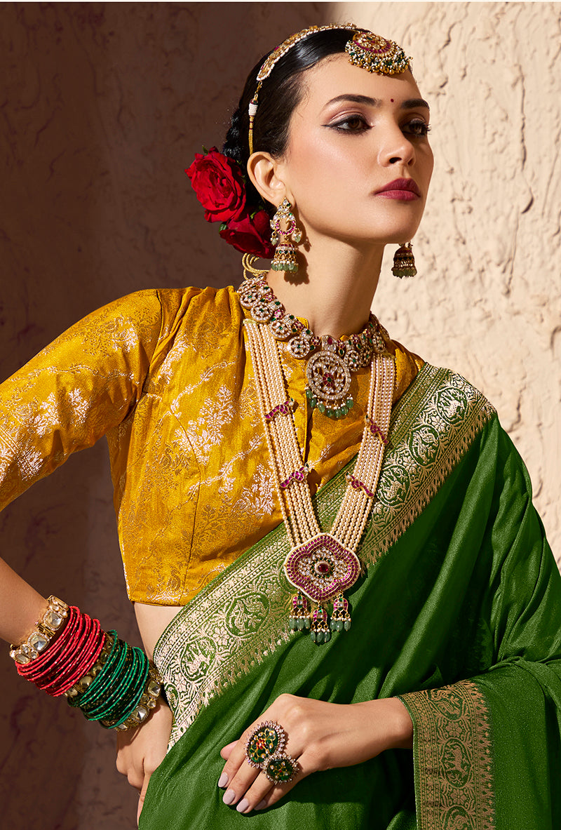 Green Crepe Georgette Saree with Traditional Zari Weaving Work