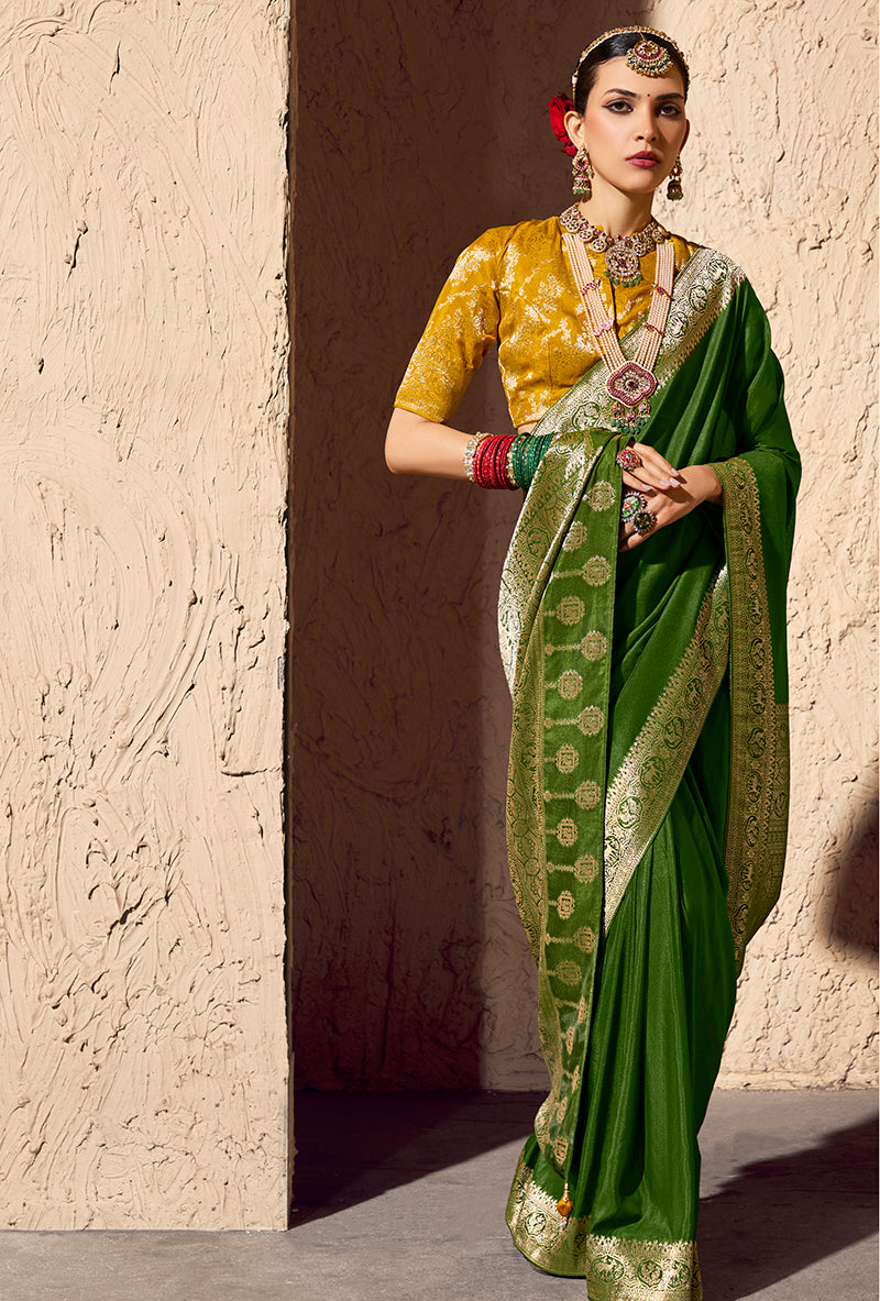 Green Crepe Georgette Saree with Traditional Zari Weaving Work