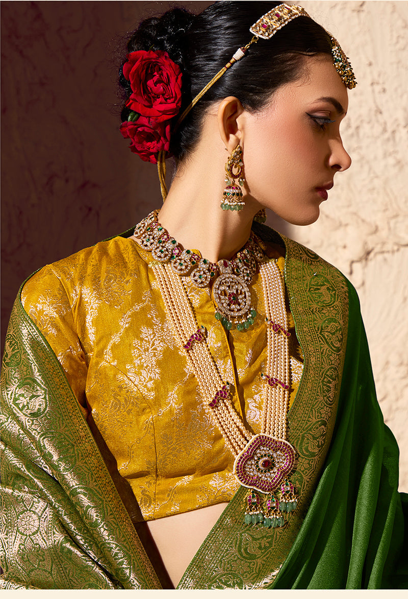 Green Crepe Georgette Saree with Traditional Zari Weaving Work