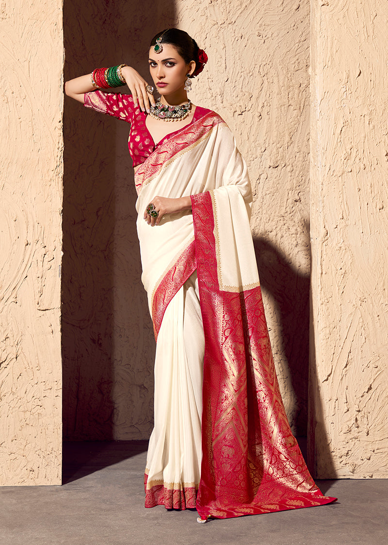 Off white crepe georgette saree with elegant gold zari weaving work