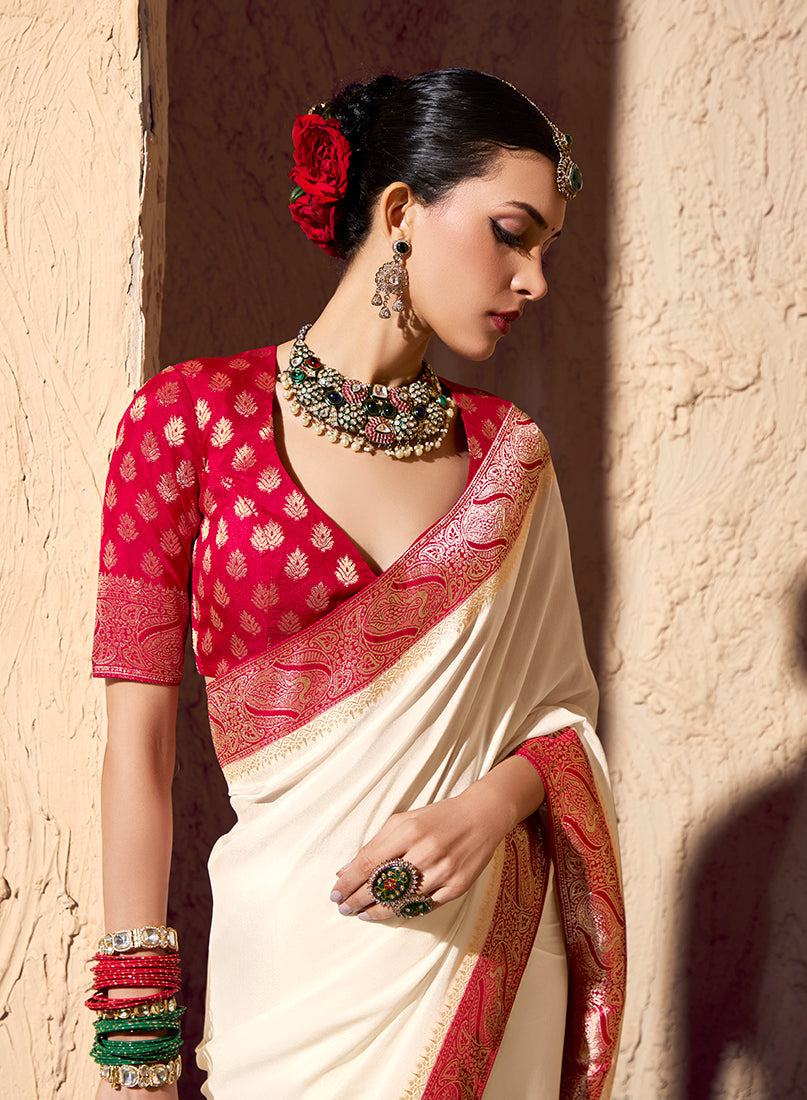 Off White Crepe Georgette Saree with Traditional Zari Weaving