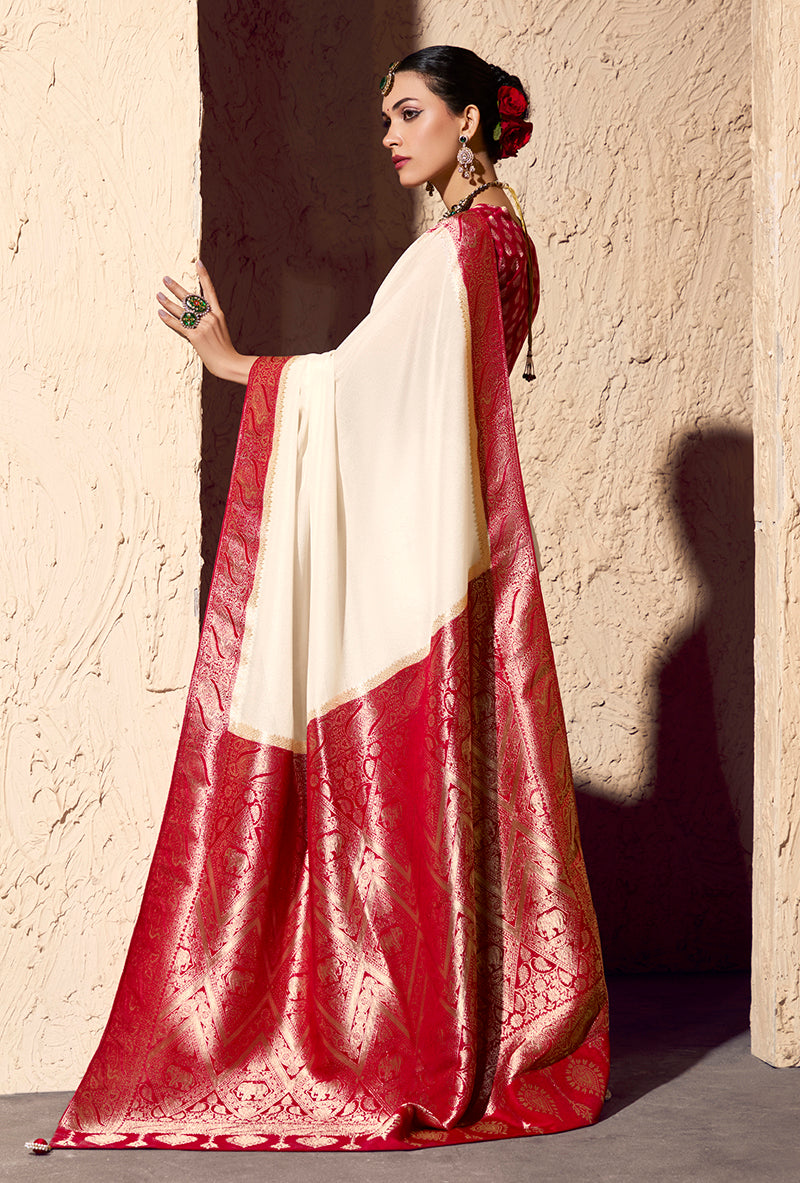 Off White Crepe Georgette Saree with Traditional Zari Weaving