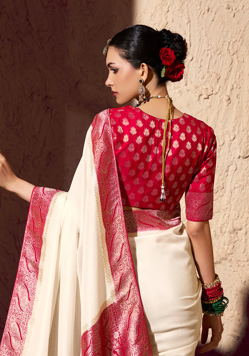 Off White Crepe Georgette Saree with Traditional Zari Weaving