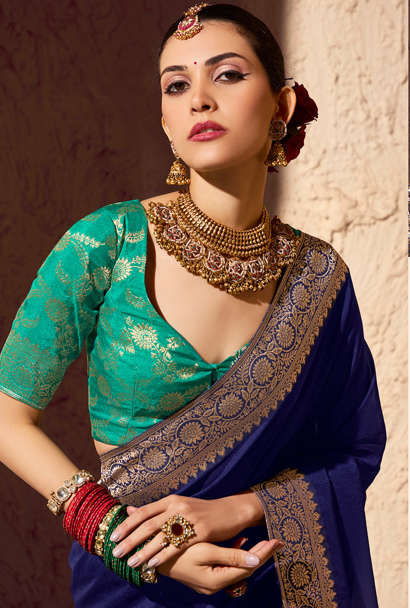 Navy Blue Crepe Georgette Saree with Zari Weaving Details