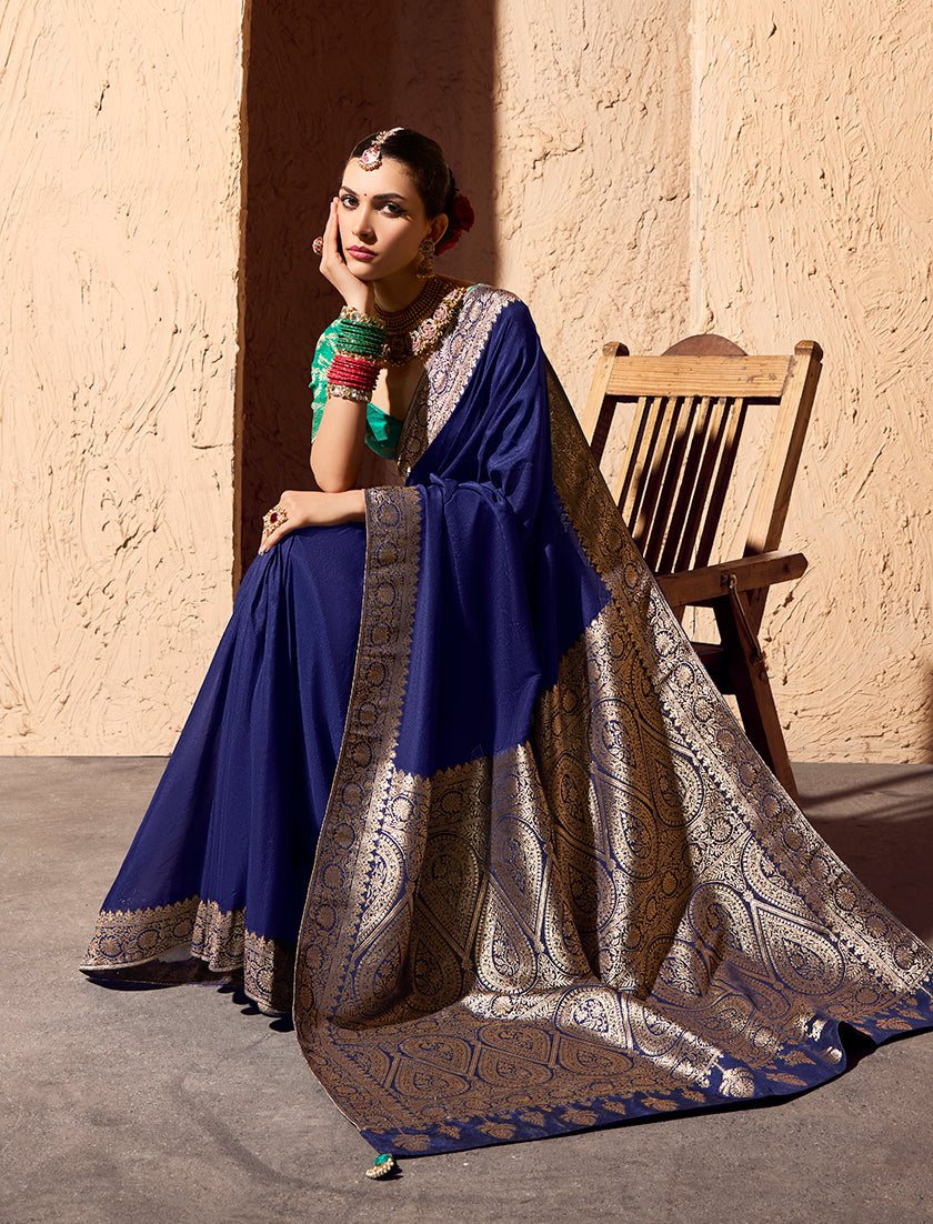 Navy Blue Crepe Georgette Saree with Zari Weaving Details