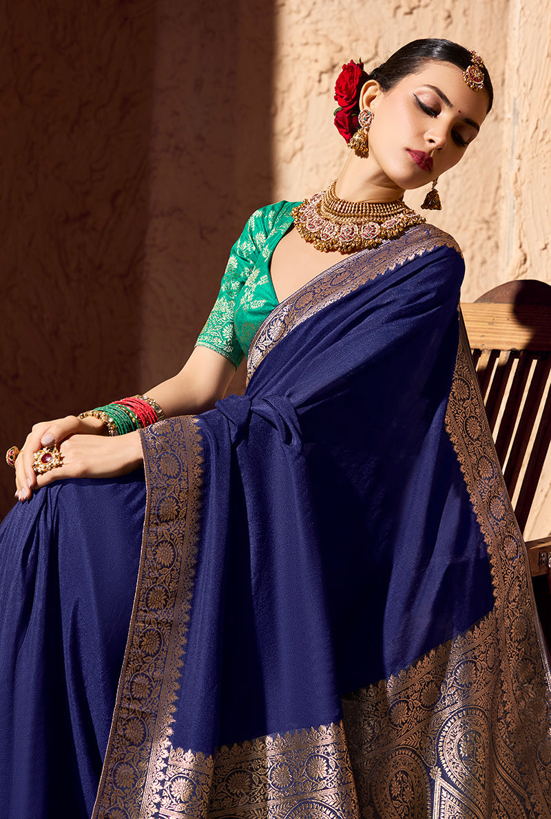 Navy Blue Crepe Georgette Saree with Zari Weaving Details