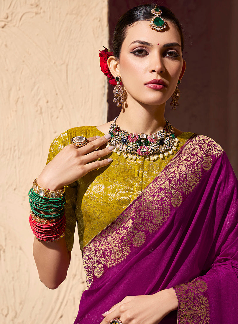 Dark Magenta Crepe Georgette Zari Weaving Work Saree