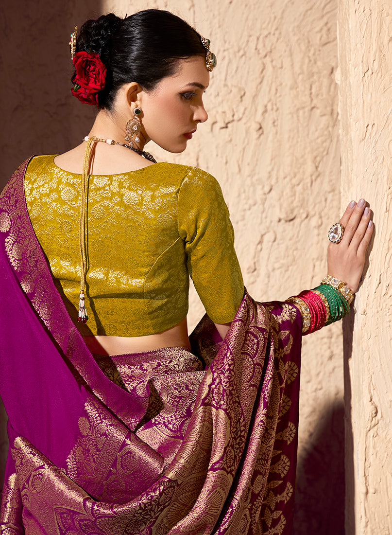 Dark Magenta Crepe Georgette Zari Weaving Work Saree