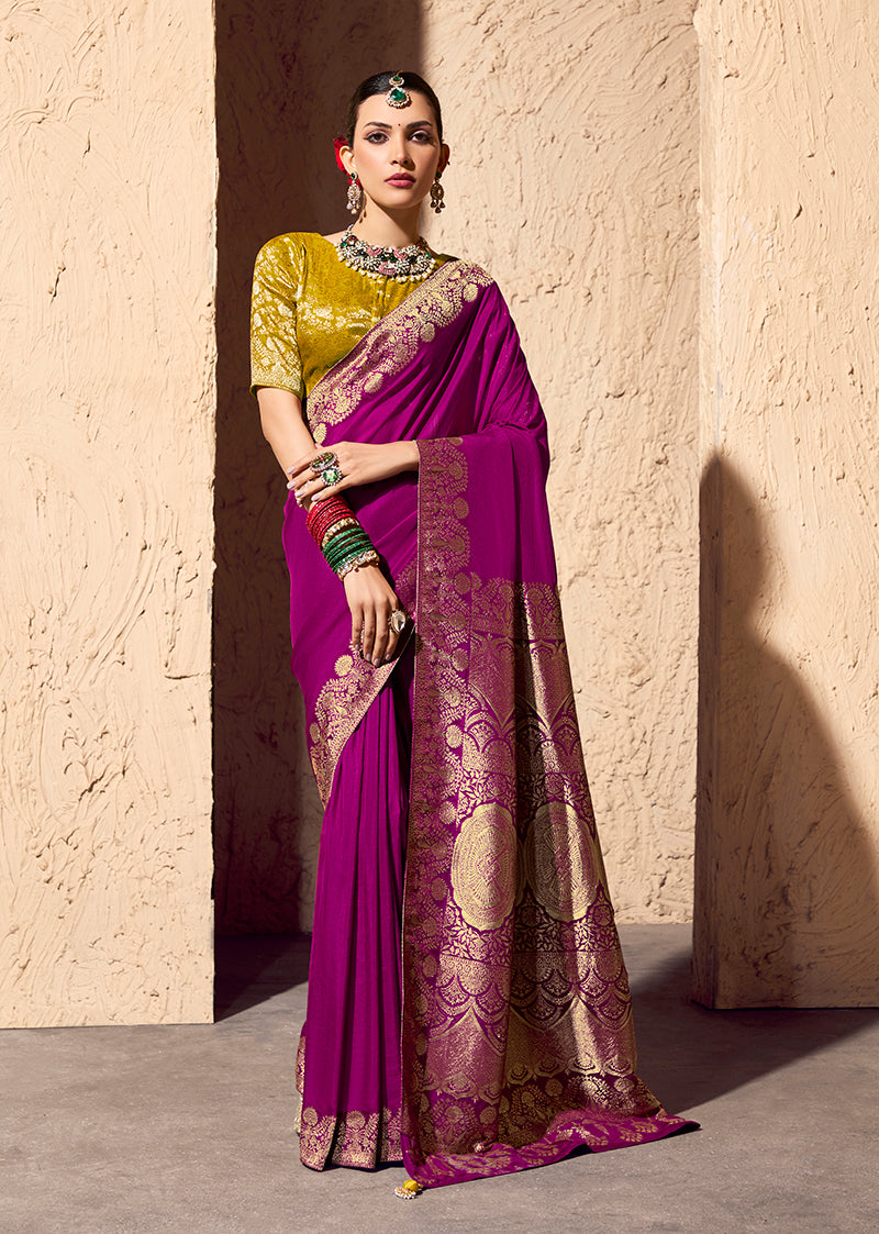 Dark Magenta crepe georgette saree with intricate zari weaving