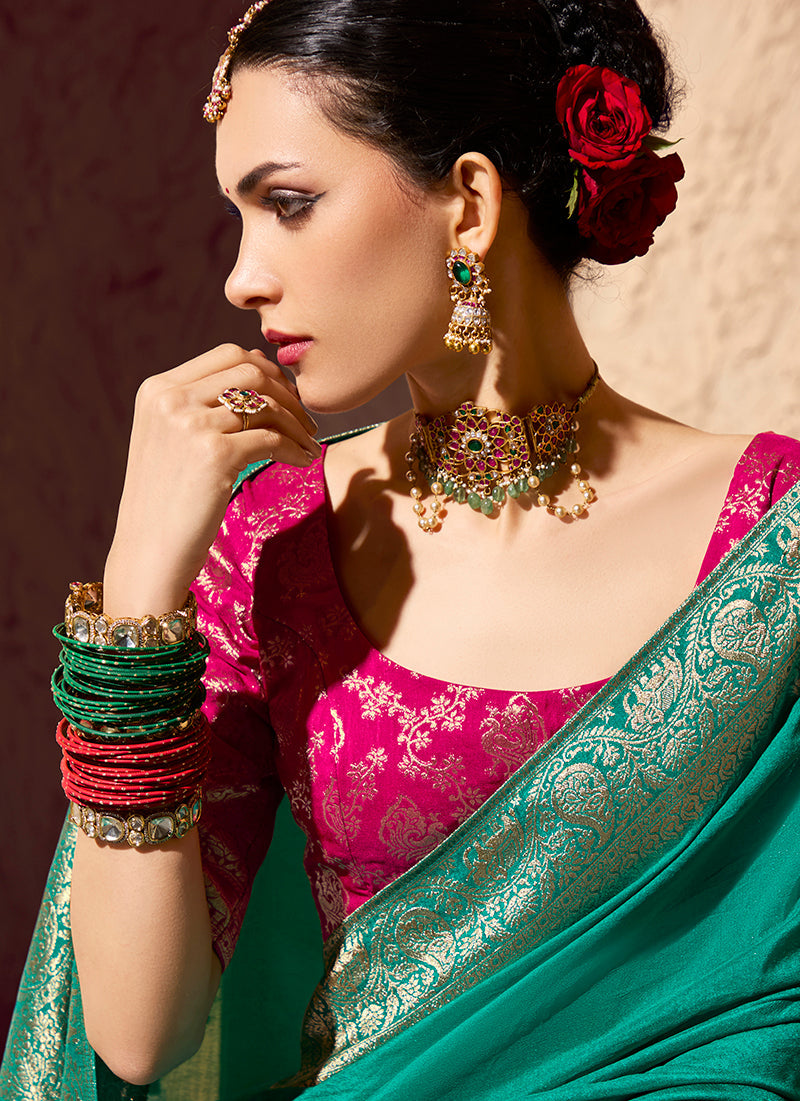 Teal Crepe Georgette Saree with Elegant Zari Weaving Work