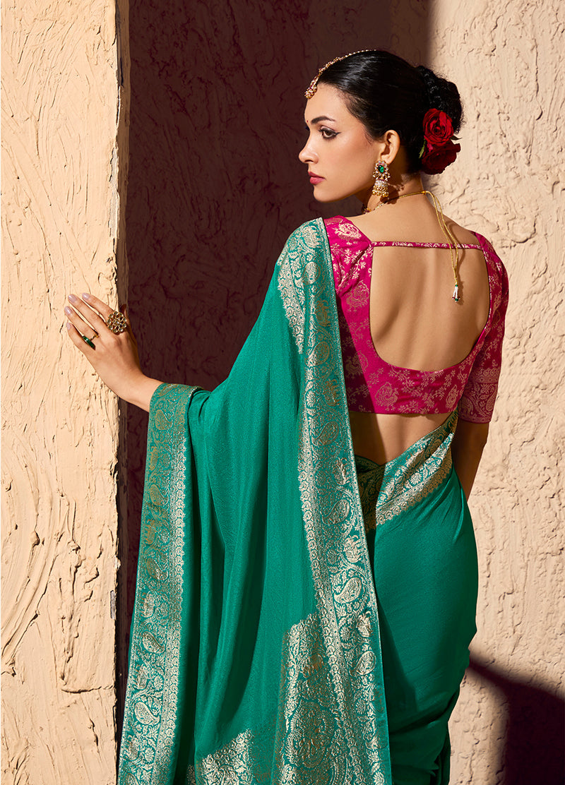 Teal Crepe Georgette Saree with Elegant Zari Weaving Work