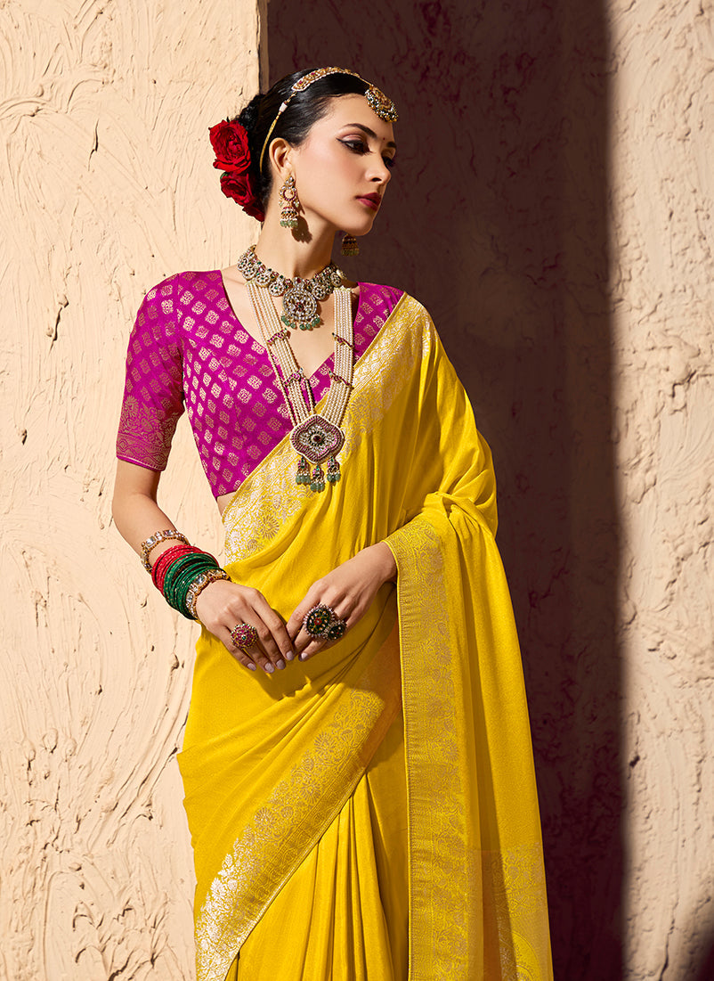 Yellow Crepe Georgette Saree with Traditional Zari Weaving Work