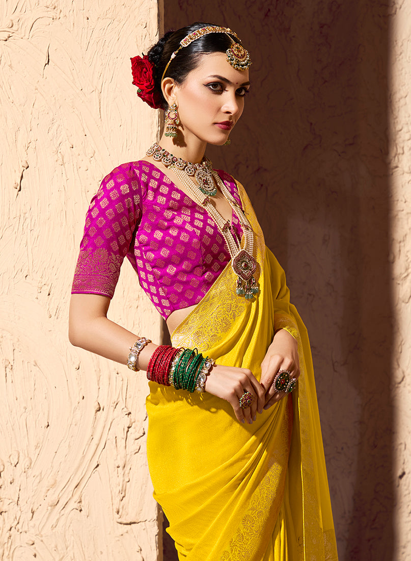 Yellow Crepe Georgette Saree with Traditional Zari Weaving Work