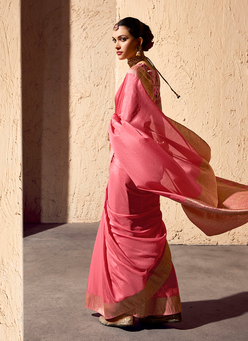 Light Pink Crepe Georgette Saree with Elegant Zari Weaving Work