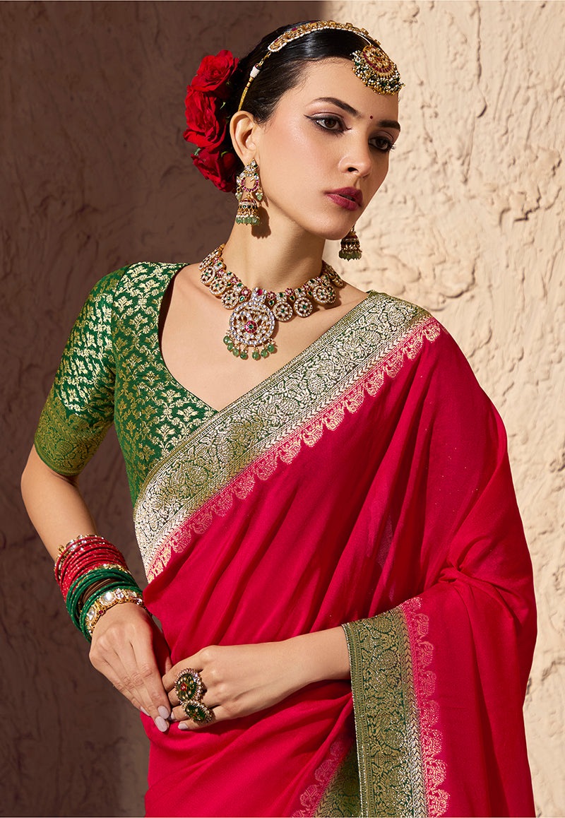 Red Crepe Georgette Saree with Zari Weaving Work
