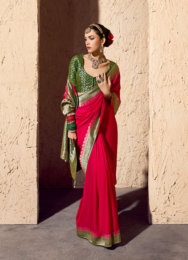 Red Crepe Georgette Saree with Zari Weaving Work