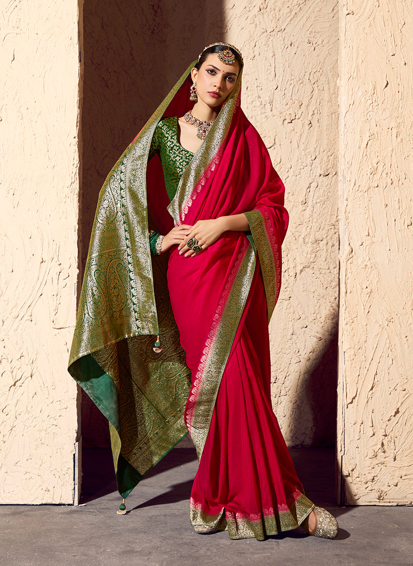 Red Crepe Georgette Saree with Zari Weaving Work