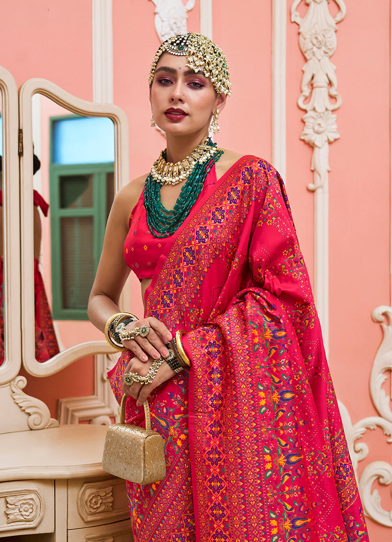 Pink Banarasi Silk Traditional Saree with Meenakari Weaving
