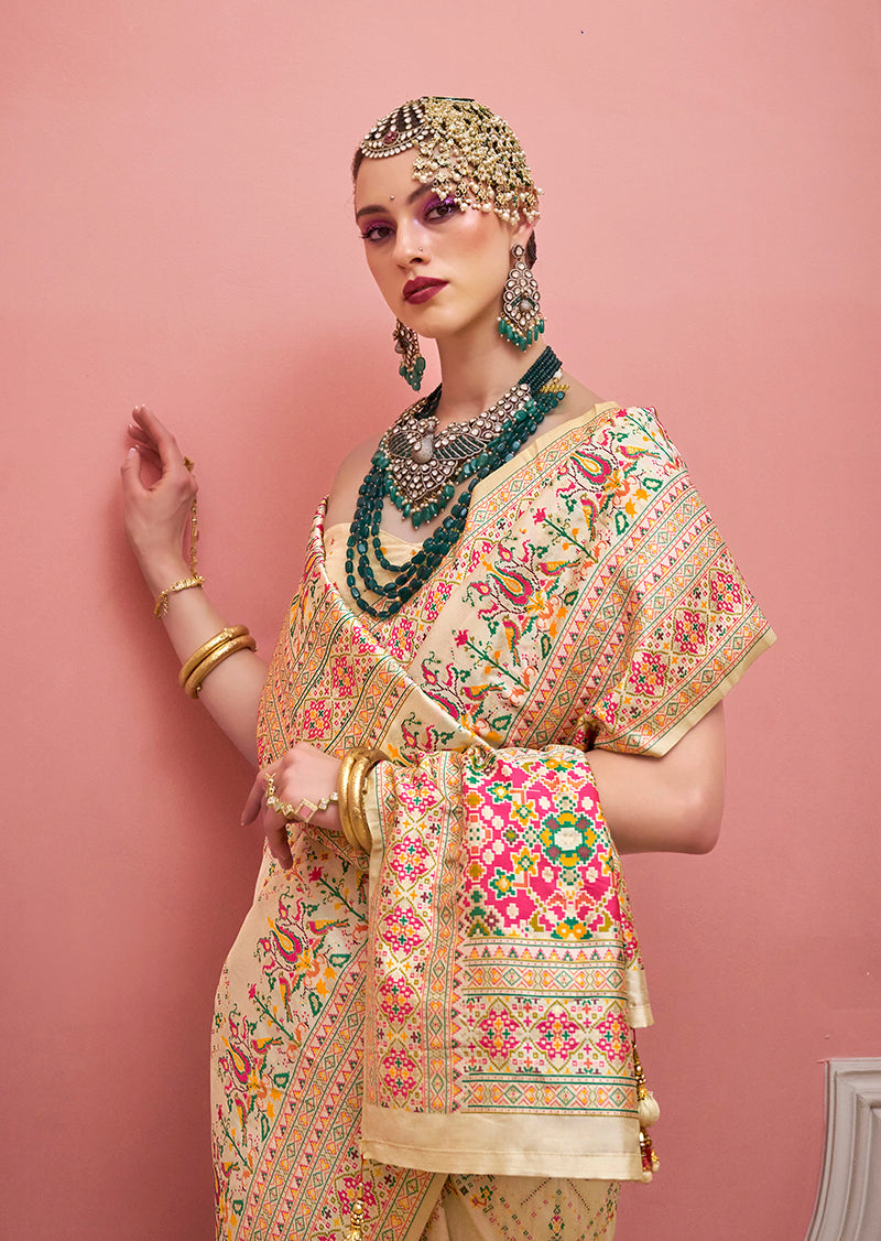 Cream Banarasi Silk Saree with Meenakari and Weaving Details