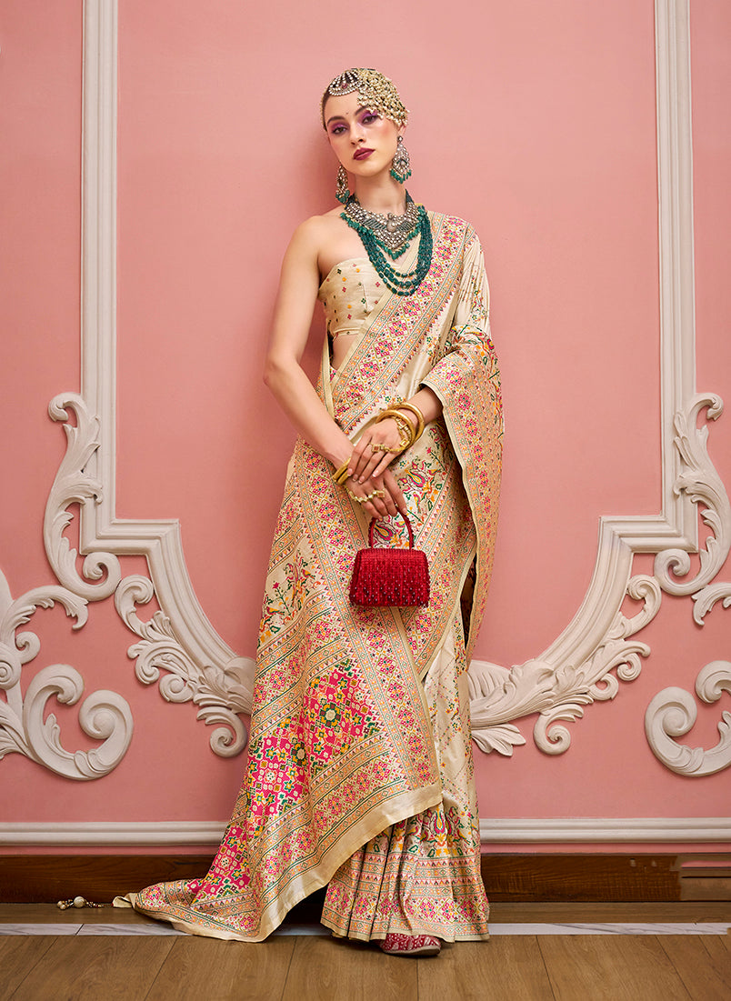 Cream Banarasi Silk Saree with Meenakari and Weaving Details