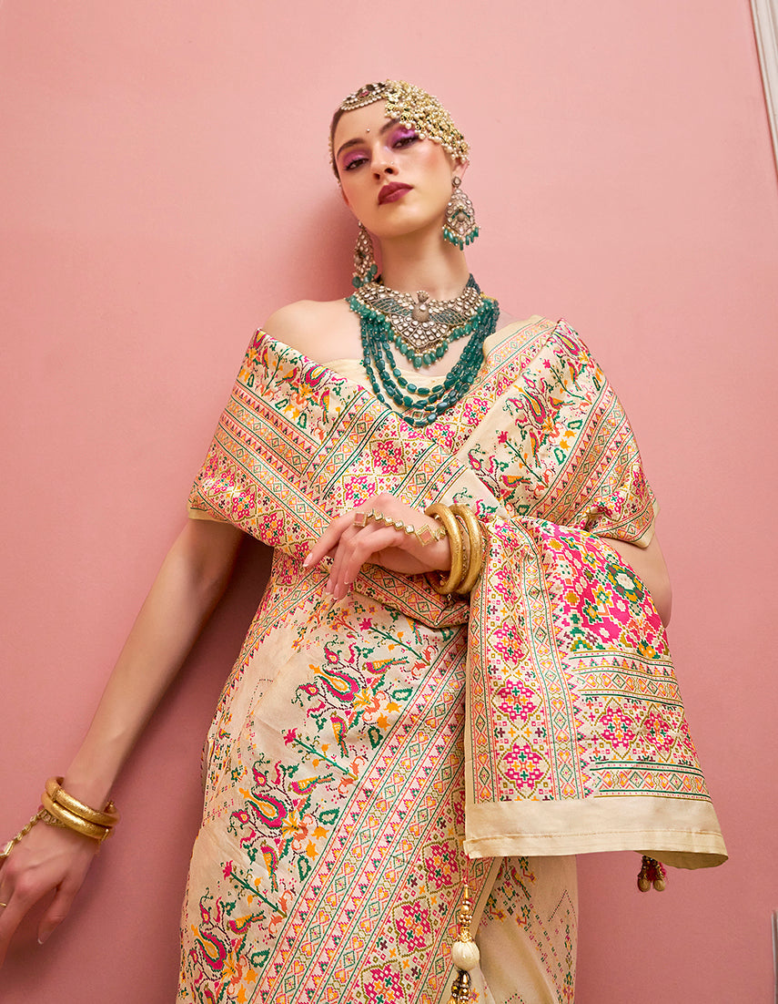 Cream Banarasi Silk Saree with Meenakari and Weaving Details