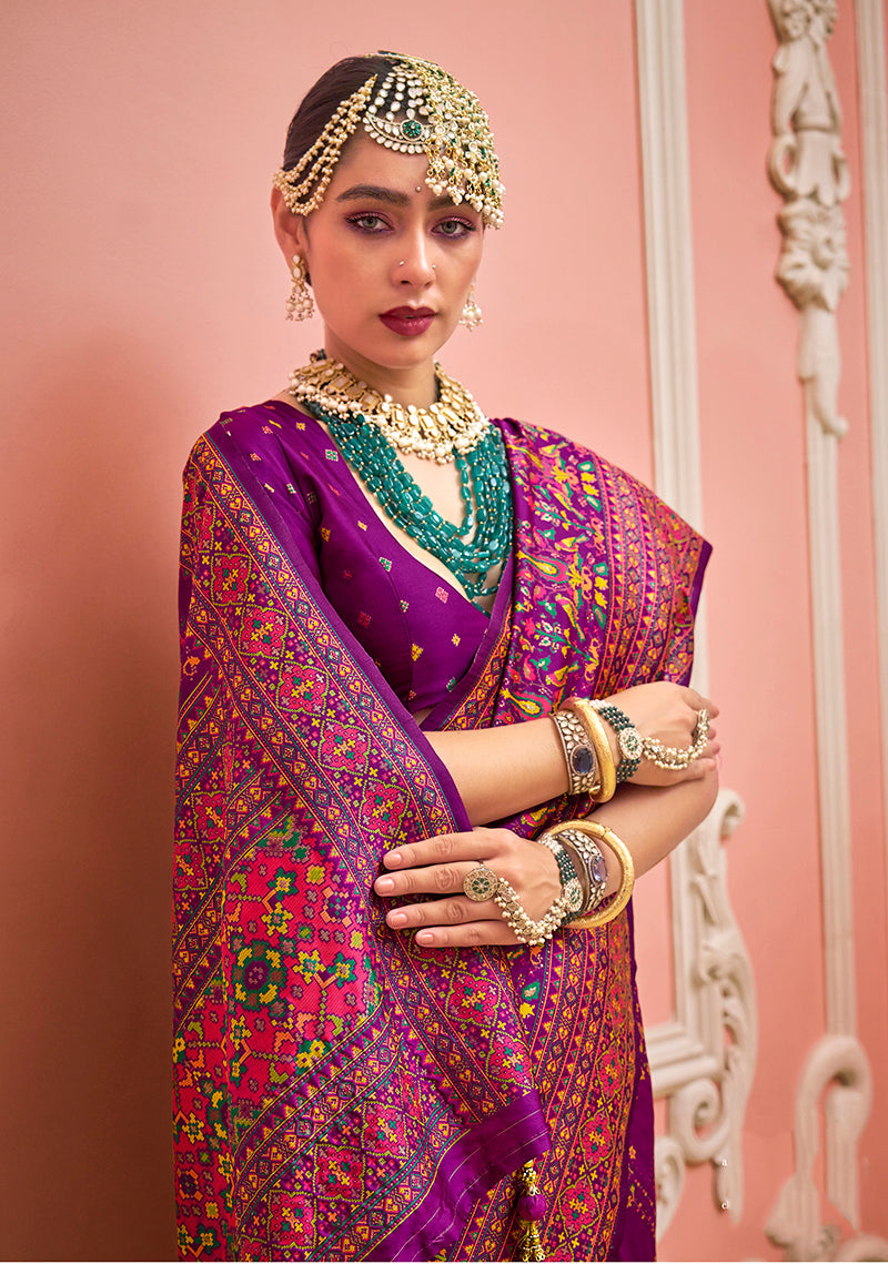 Dark Magenta Banarasi Silk Traditional Saree with Meenakari Weaving