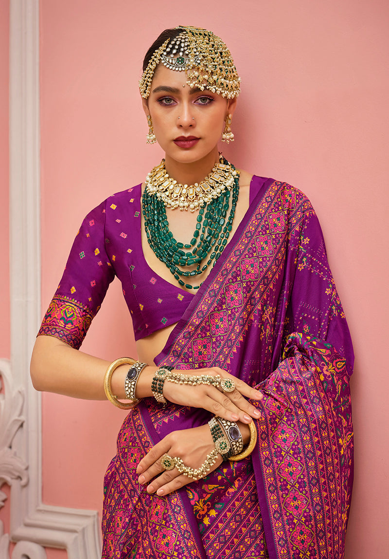 Dark Magenta Banarasi Silk Traditional Saree with Meenakari Weaving