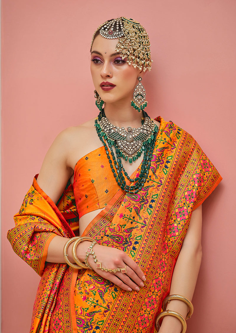 Orange Banarasi Silk Saree with Meenakari and Weaving