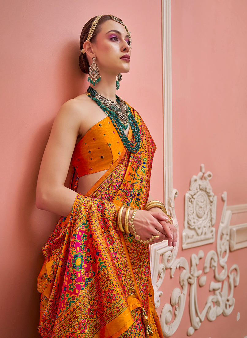 Orange Banarasi Silk Saree with Meenakari and Weaving
