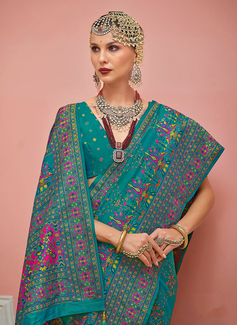 Teal Banarasi Silk Saree with Meenakari and Weaving Work