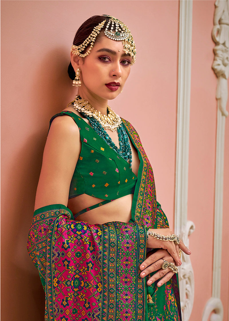 Green Banarasi Silk Traditional Saree with Meenakari Weaving