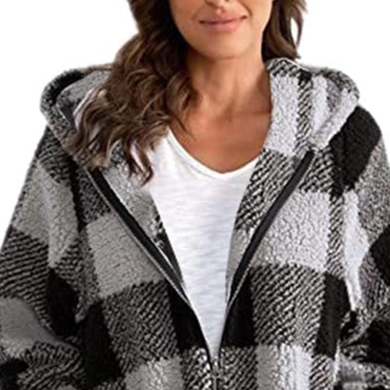 Women's Plaid Hooded Zip-Up Fleece Jacket Oversized Winter Coat - Image 6