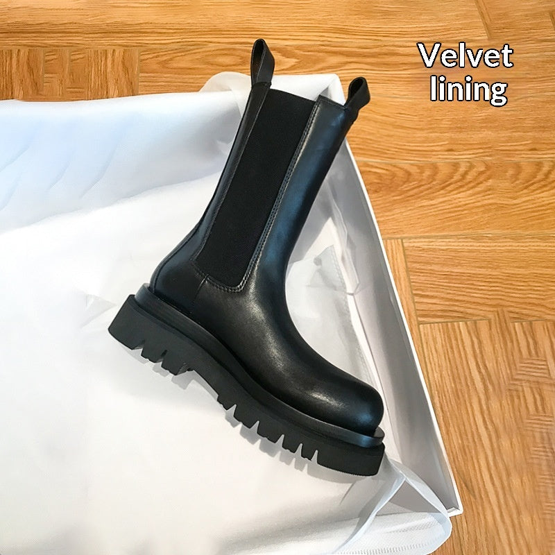 Women’s British-Style Mid-Calf Leather Boots with Thick Sole