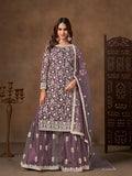 Lilac net salwar kameez with detailed embroidery and sequins