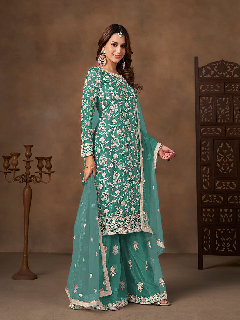 Turquoise Net Embroidered Salwar Kameez with Sequin Work