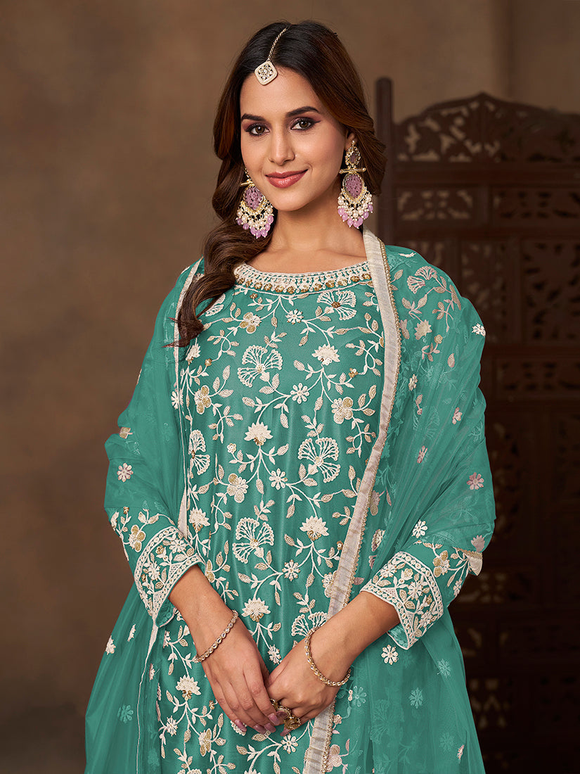 Turquoise Net Embroidered Salwar Kameez with Sequin Work
