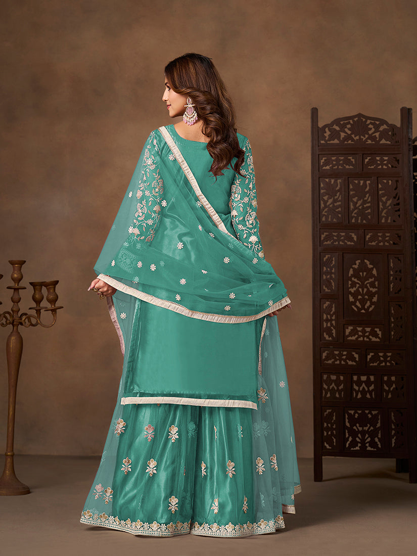 Turquoise Net Embroidered Salwar Kameez with Sequin Work