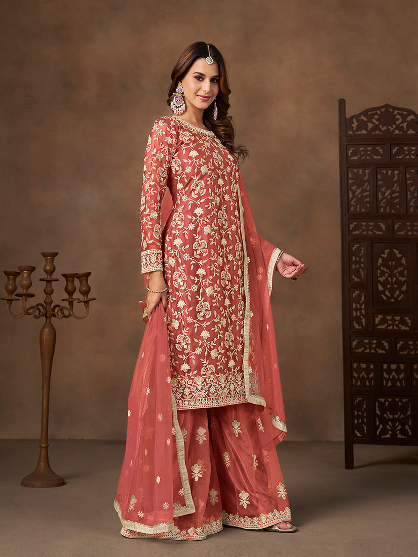 Coral Net Embroidered Salwar Kameez with Sequins Work