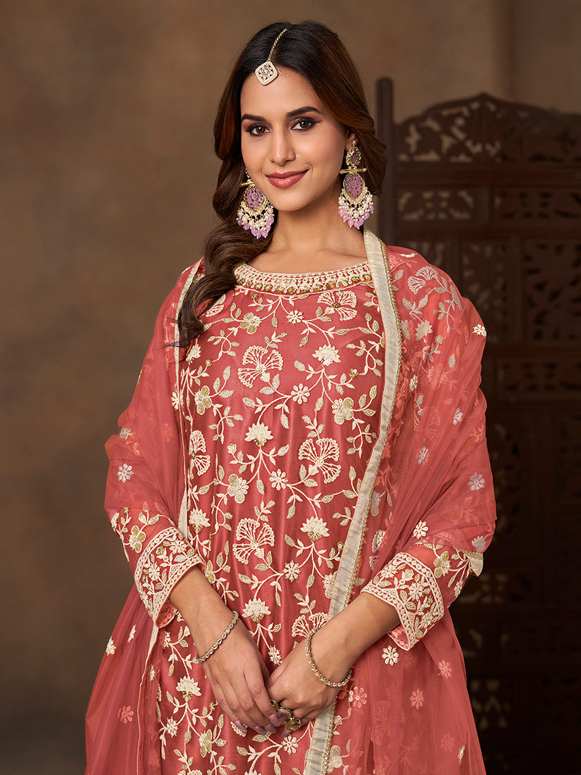 Coral Net Embroidered Salwar Kameez with Sequins Work