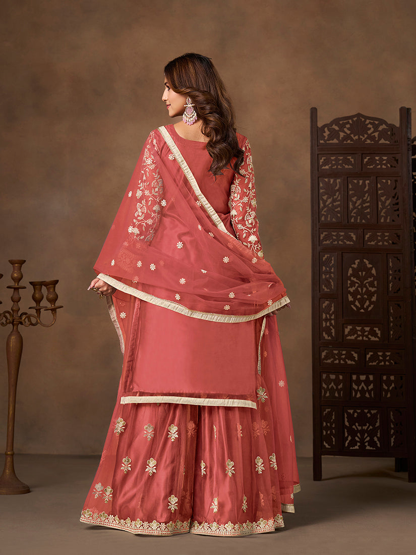 Coral Net Embroidered Salwar Kameez with Sequins Work