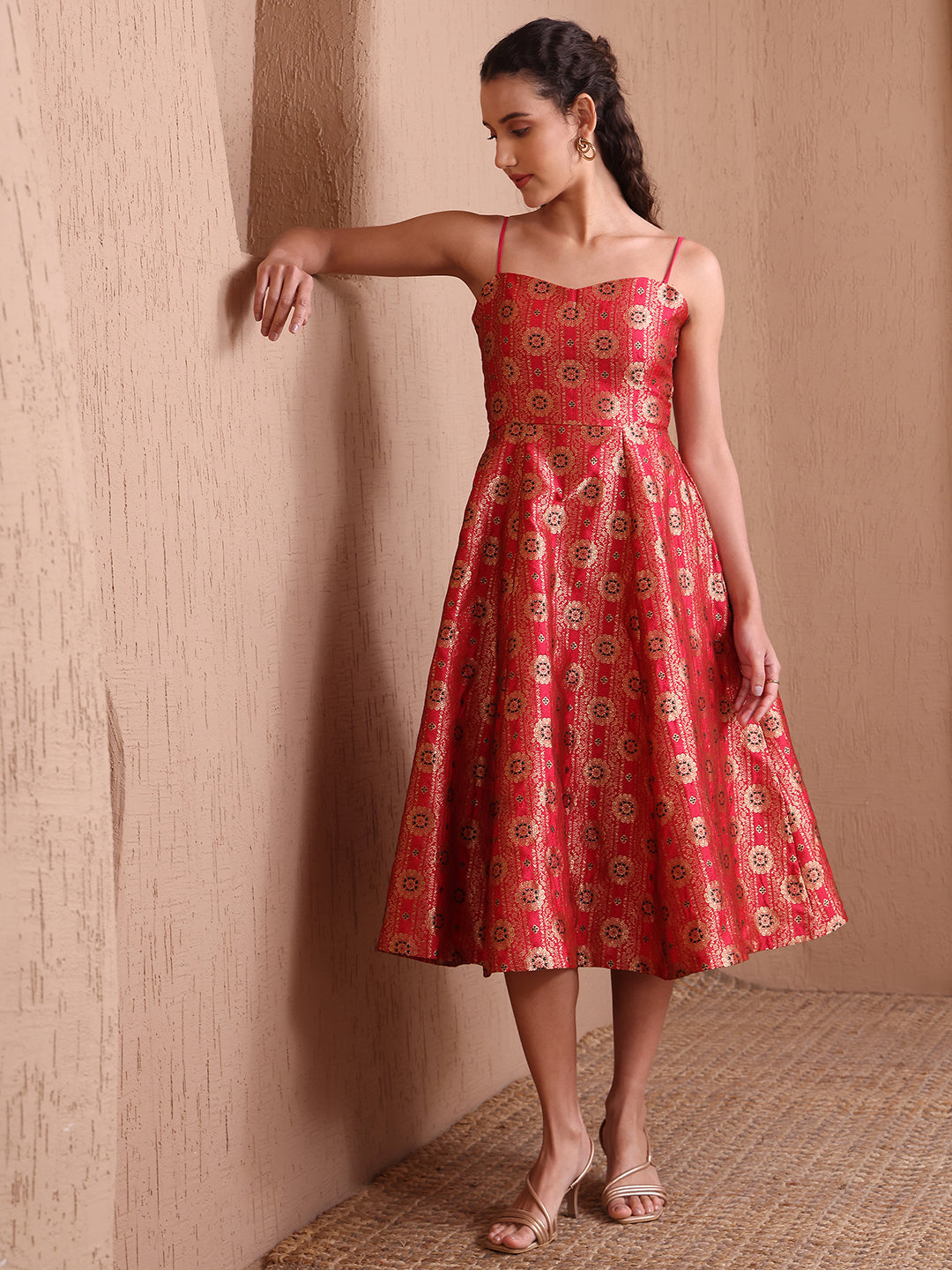 Red Banarasi Brocade Festive Fit & Flare Midi Dress Zari Work