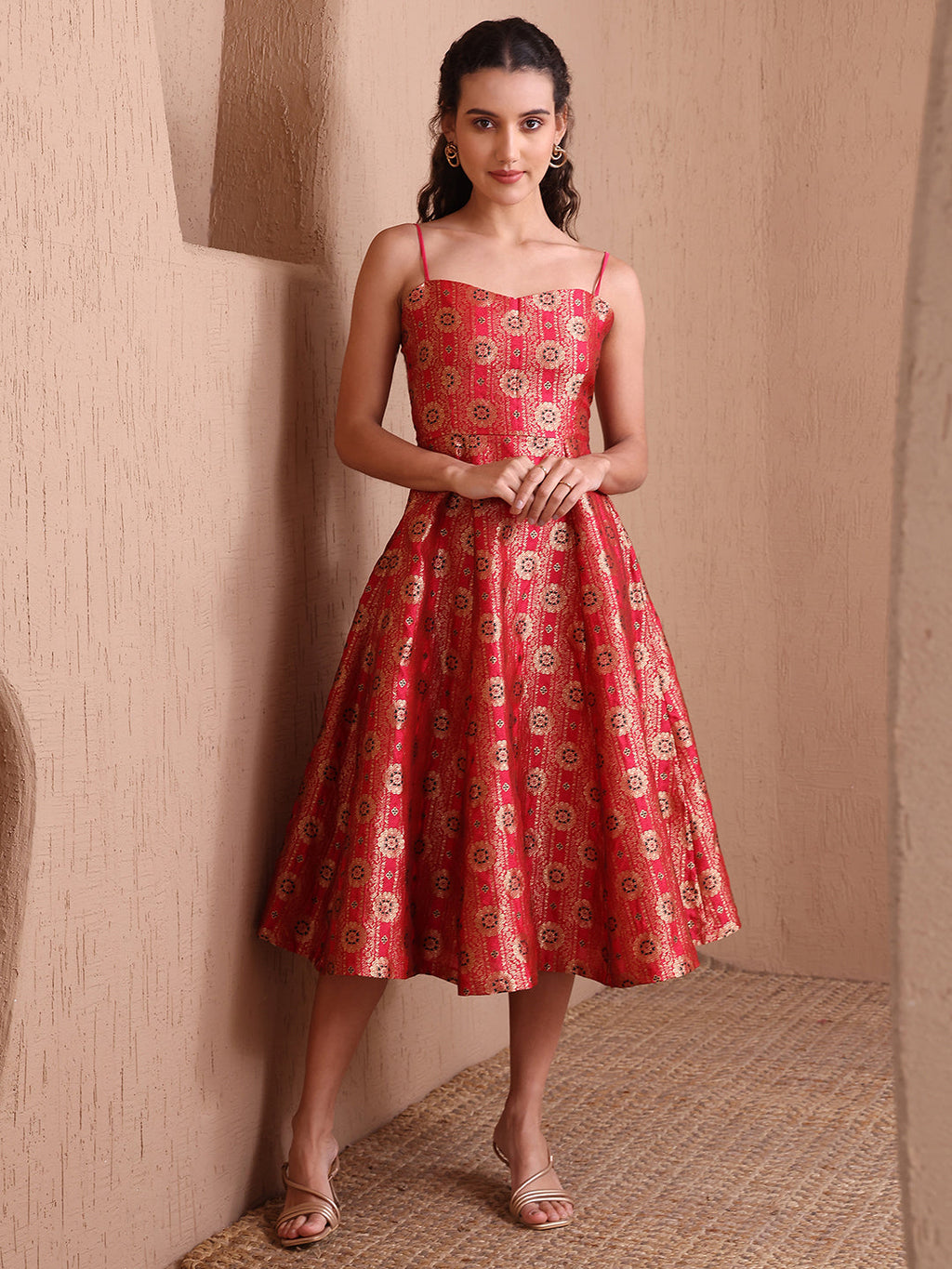 Red Banarasi Brocade Festive Fit & Flare Midi Dress Zari Work