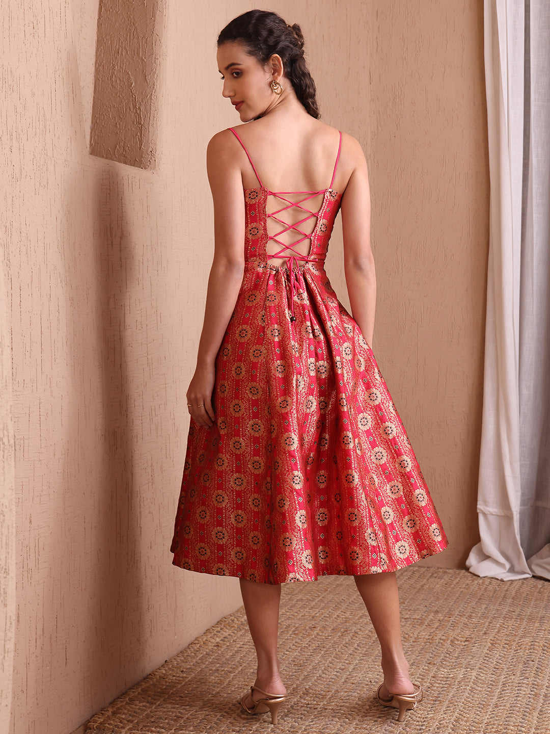 Red Banarasi Brocade Festive Fit & Flare Midi Dress Zari Work
