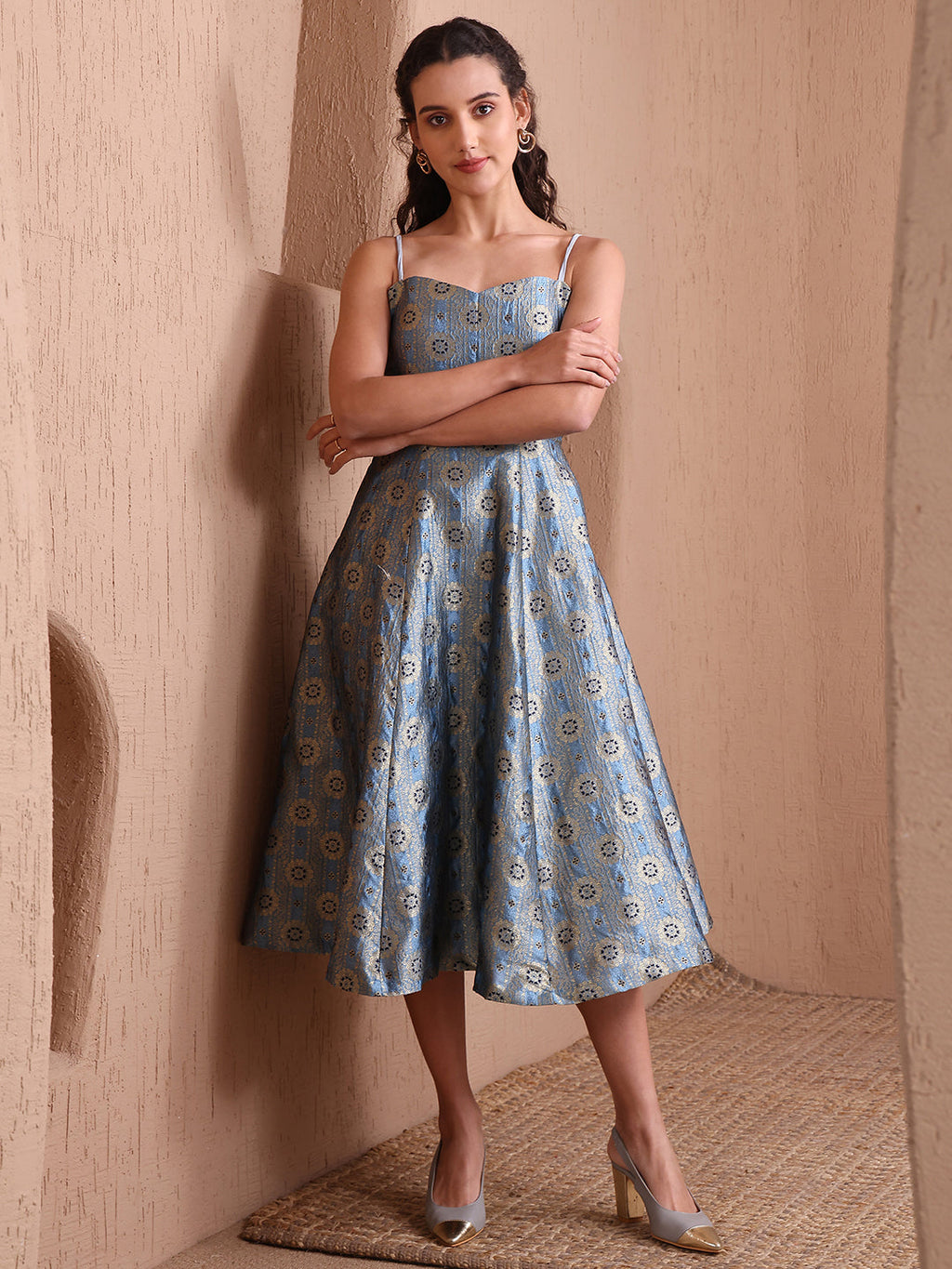 Sky Blue Banarasi Brocade Fit & Flare Midi Dress with Zari