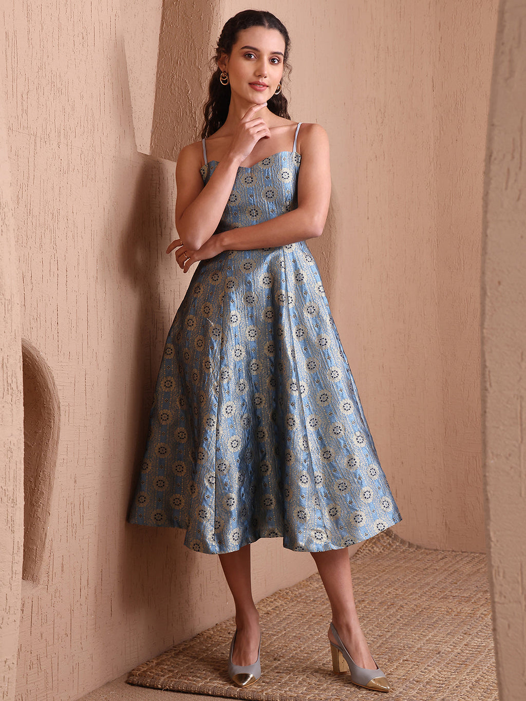 Sky Blue Banarasi Brocade Fit & Flare Midi Dress with Zari
