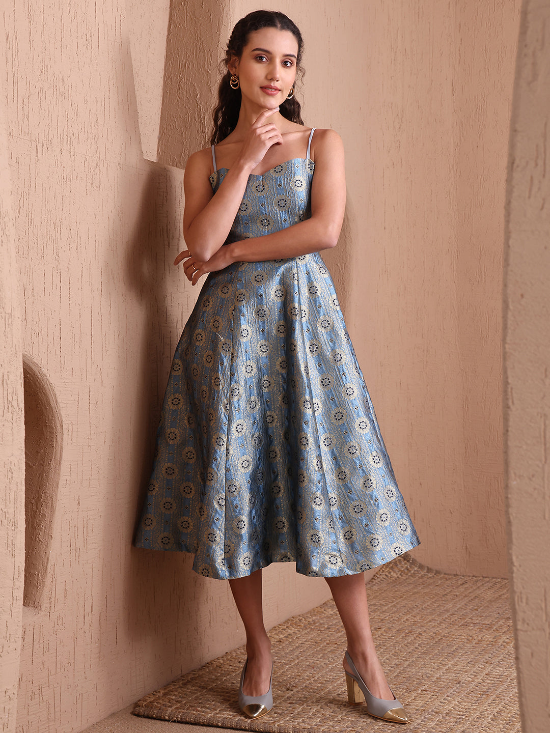 Sky Blue Banarasi Brocade Fit & Flare Midi Dress with Zari