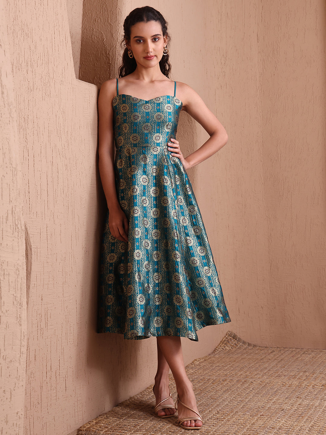 Rama Green Banarasi Brocade Fit and Flare Midi Dress